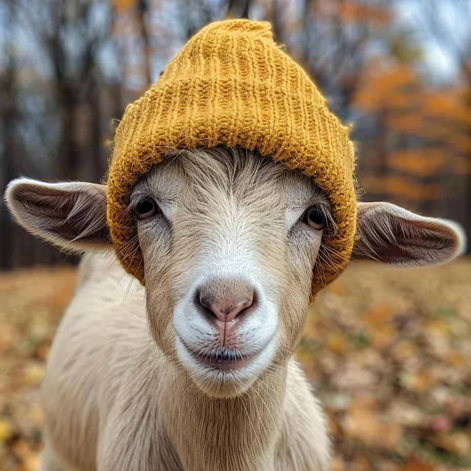 A goat wearing a yellow knitted hat